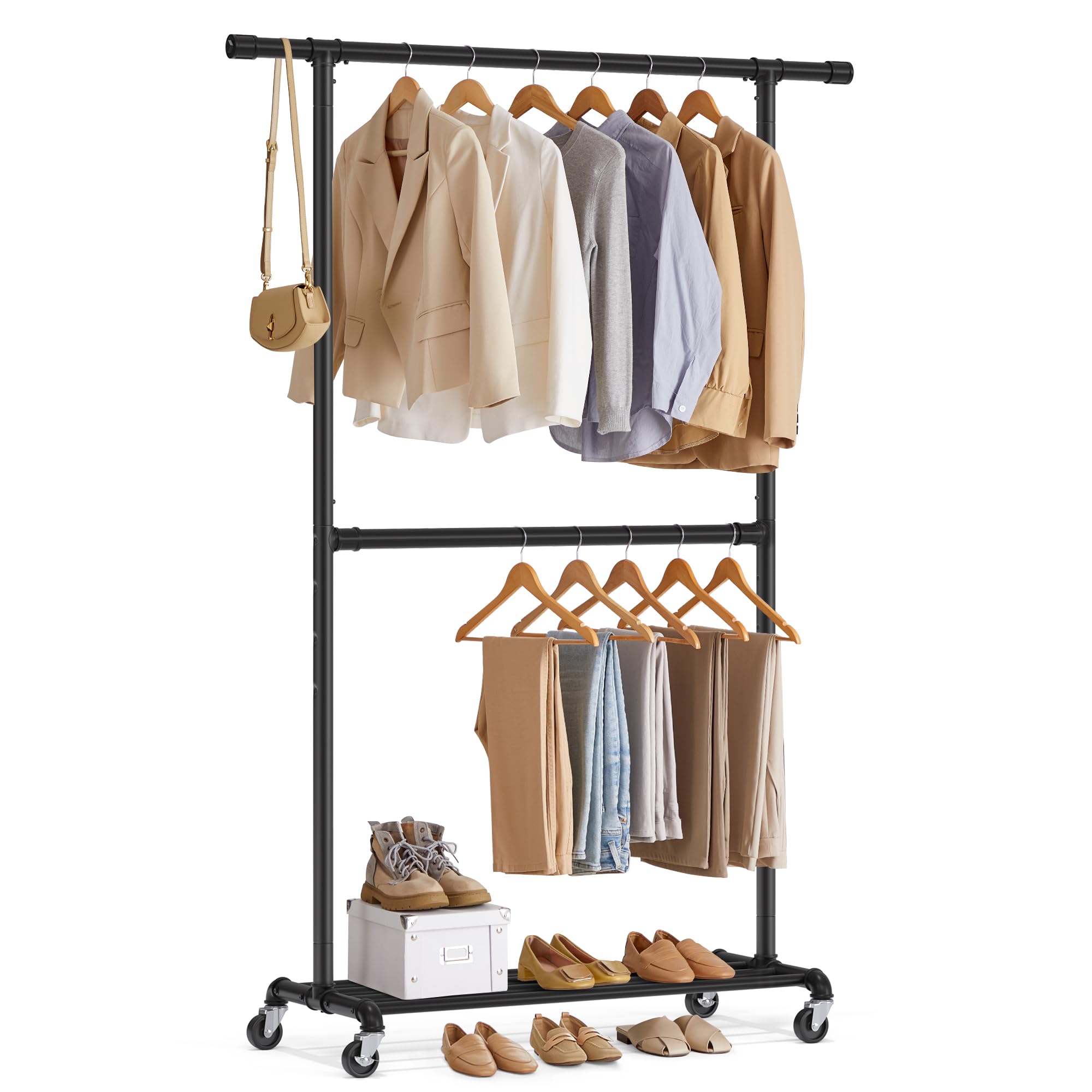 SONGMICS Industrial Clothes Rack on Wheels, Maximum load of 110 Kg, Double Garment Hanging Rod, Heavy Duty Commercial Display, Black HSR62BK
