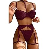 Lilosy Sexy Choker Floral Lace Scallop Sheer Underwire Push Up Garter Belt Lingerie Set 3 Piece