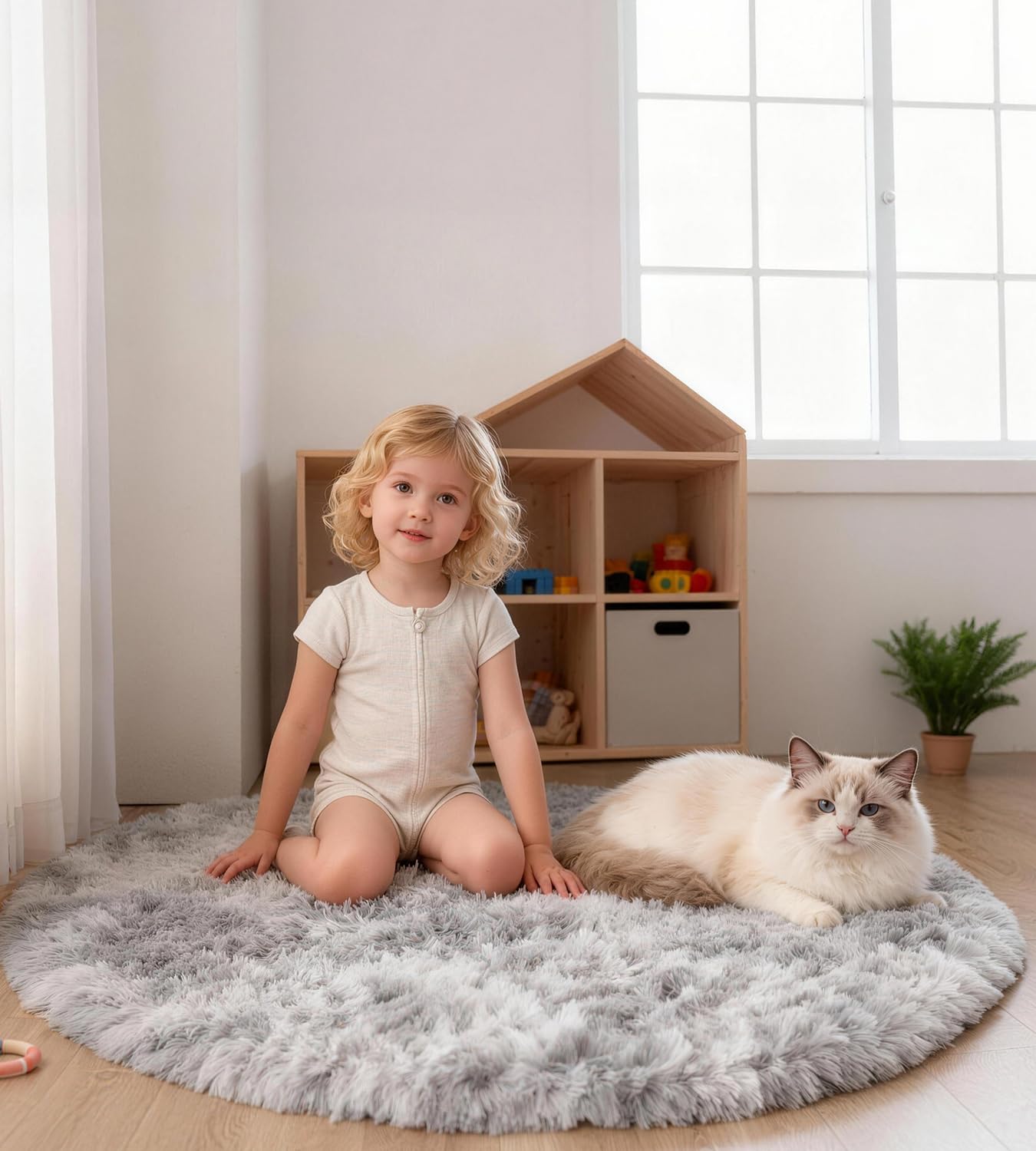 MARATIP Round Rug 150 x 150 cm Light Grey Washable Anti Slip Fluffy Shaggy Rugs — image 1