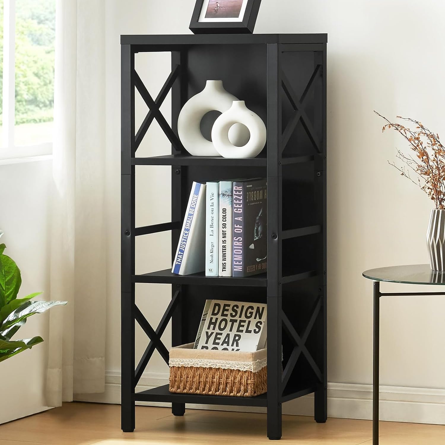 Photo 1 of MNEETRUNG Small Bookshelf,4 Tier Industrial Bookcase with Metal Frame and Backboard,Narrow Black Book Shelf,Office Book case for Small Spaces,Living Room,Bedroom and Home Office