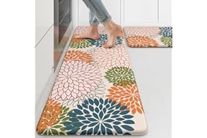 COLLIVE Kitchen Rugs and Mats Cushioned Anti Fatigue Kitchen Mat 2PCS Non-Skid Waterproof Kitchen Runner Rug Comfort Foam Standing Mat for Floors,Office,Laundry,Sink,Floral