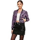Yutuwomsfushi Women's Sequin Jacket Sparkly Cropped Bomber Long Sleeve Zipper Up Casual Party Blazer With Pockets