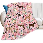 Horse Blanket Gifts for Girls Women Cute Horses Flowers Flannel Fleece Throw Blanket Soft Warm Fuzzy Pink Blanket for Horse Lovers Decor Bed Couch Living Room for Kids 50"x40"