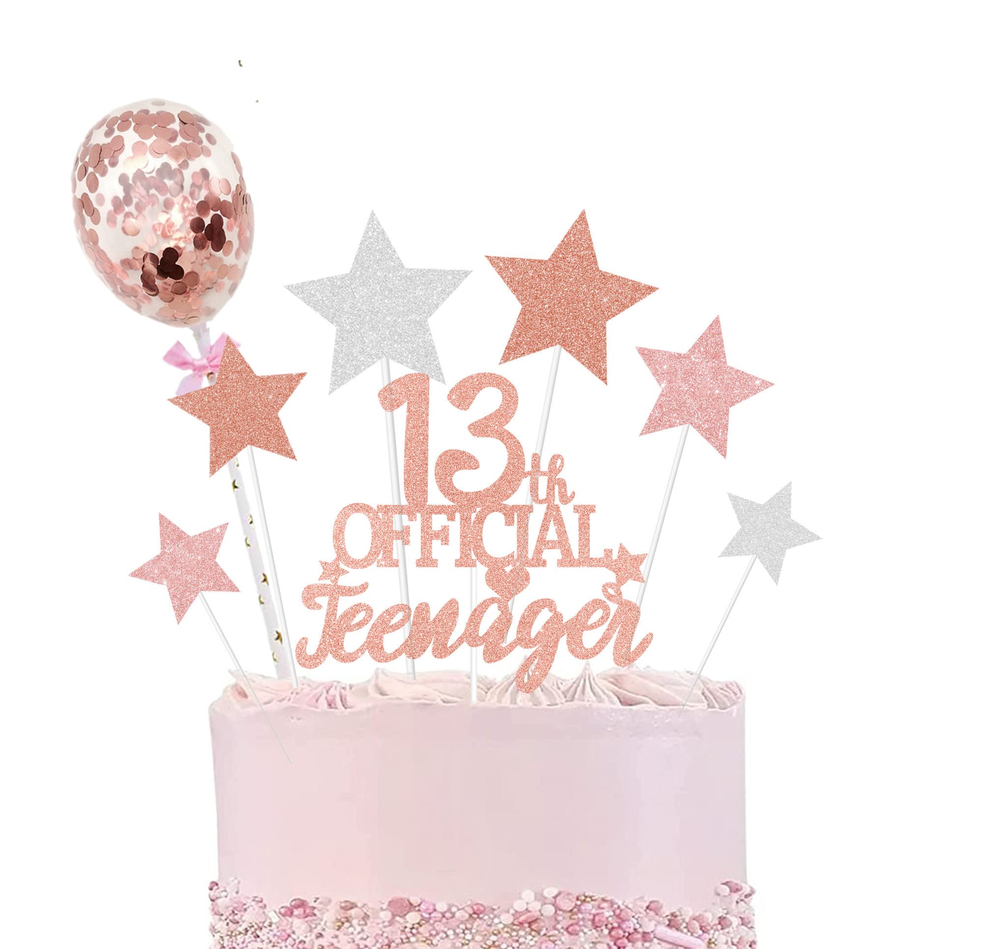 Elicola 13 Birthday Cake Topper 13 Official Teenager Cake Topper Girls and Girls 13th Birthday Glittery Rose Gold Party Supplies Thirteen Years Old Birthday Party Deco — image 1