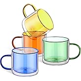 Domensi 4 Pcs Double Wall Coffee Mugs 10 Ounce Milk Glass Mugs with Handle Insulated Tea Cups Gift Set for Holidays Birthday Home Coffee Bar(Amber, Green, Blue, Yellow)