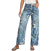 yoeasy Women's Straight Leg Jeans High Rise Vintage Floral Printed Wide Leg Trendy Stretchy Baggy Casual Denim Pants