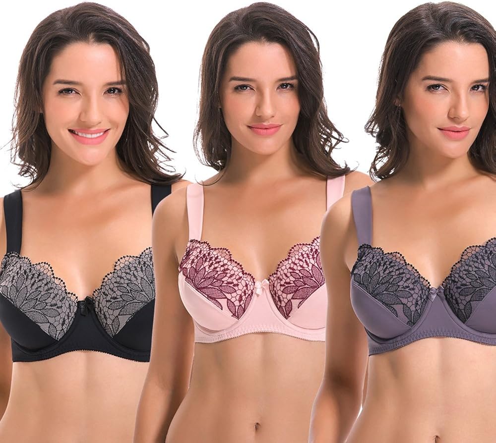 Curve Muse Plus Size Unlined Minimizer Underwire Bra with Embroidery Lace-3 Pack at  Women’s Clothing store