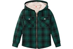 ZENTHACE Boys Sherpa Lined Full Zip Flannel Plaid Shirt Jacket,Cozy Hooded Flannel Shirt with Hand Pockets