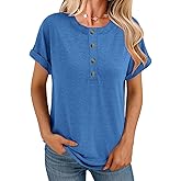 APOFER Women Short Sleeve Tunics Crew Neck Dressy Casual Loose Henley Shirts Summer Casual Tops Flowy T-Shirt
