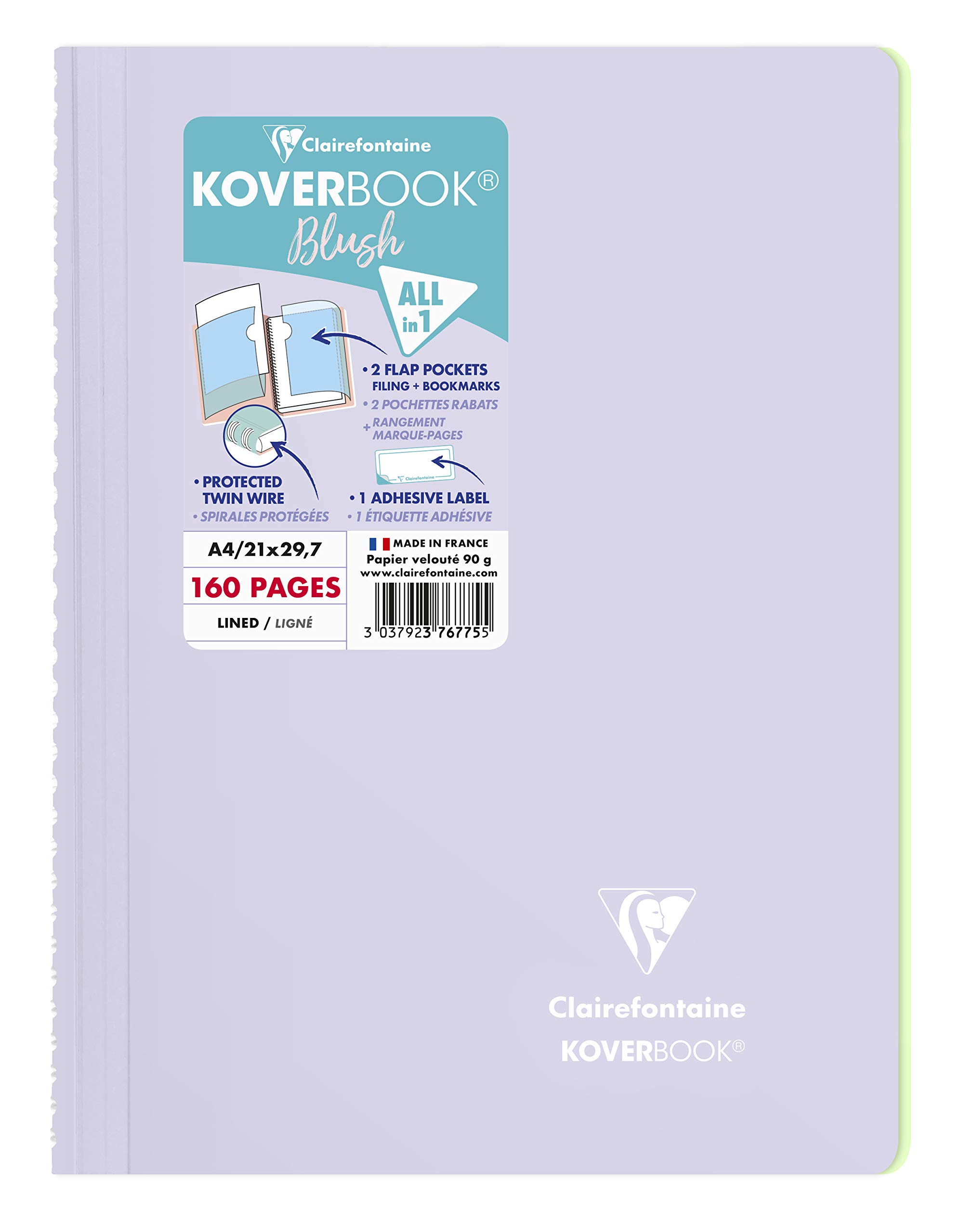 Clairefontaine 376775C - One Spiral Notebook Koverbook Blush Lilac - Size: A4 21x29,7 cm - 160 Lined Pages - White Paper 90 g - Polypro Wraparound Cover