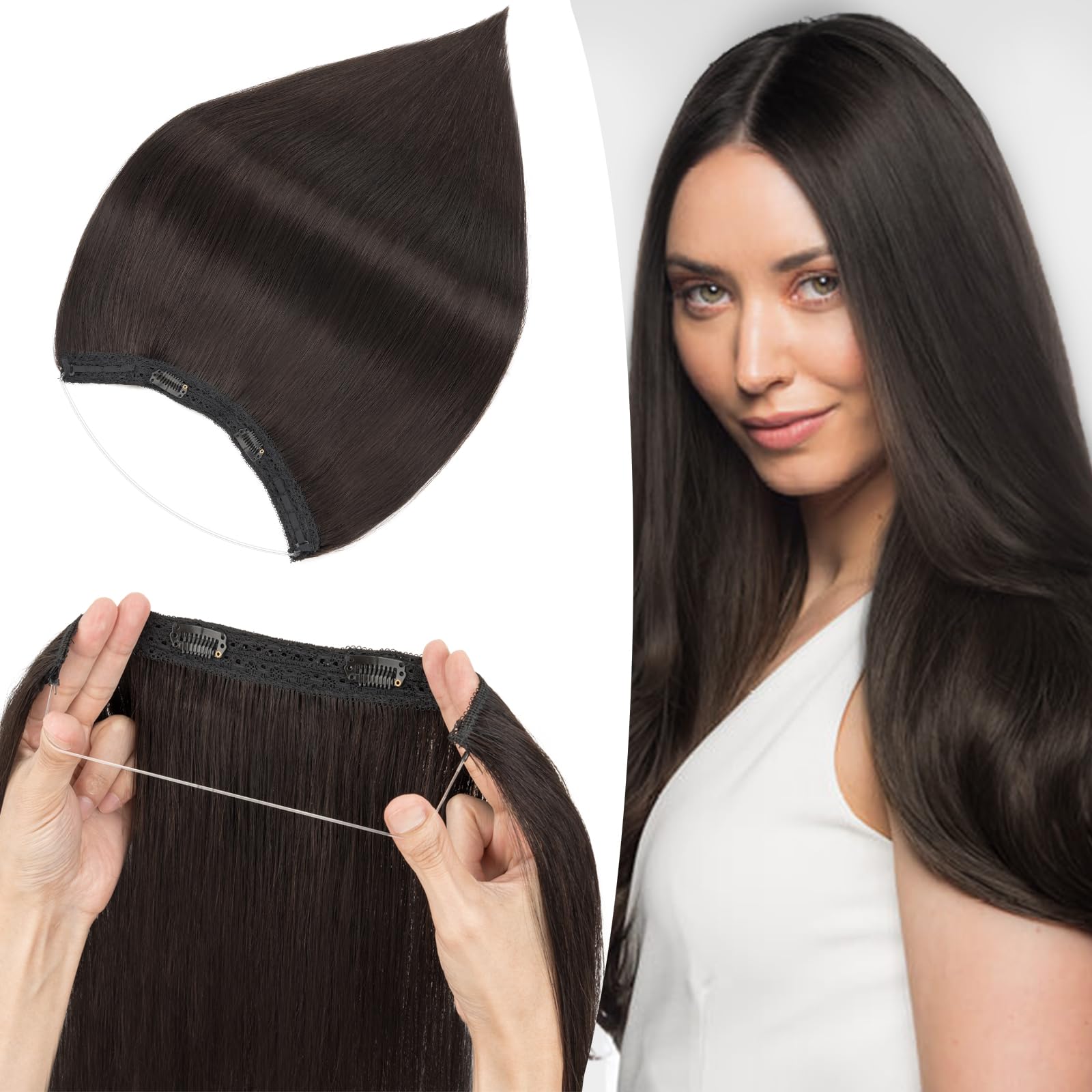S-noilite Wire Hair Extensions Human Hair Natural Black Invisible Fish Line Hair Extensions Real Hair One Piece Human Hair Extensions 22 Inch 75g