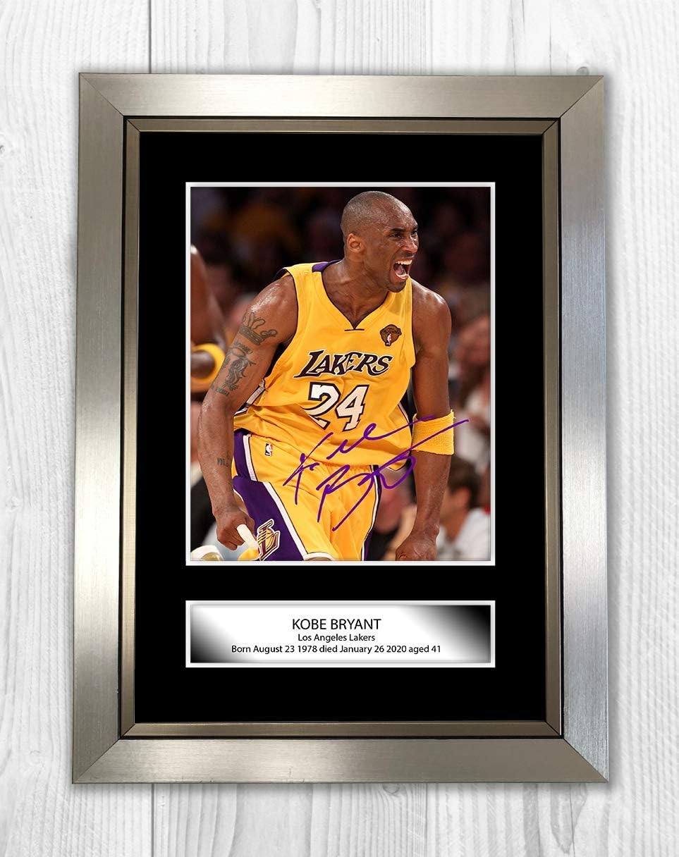 Engravia Digital Kobe Bryant 4 NBA Los Angeles Lakers Reproduction Autograph Picture Photo Poster A4 Print Silver Frame