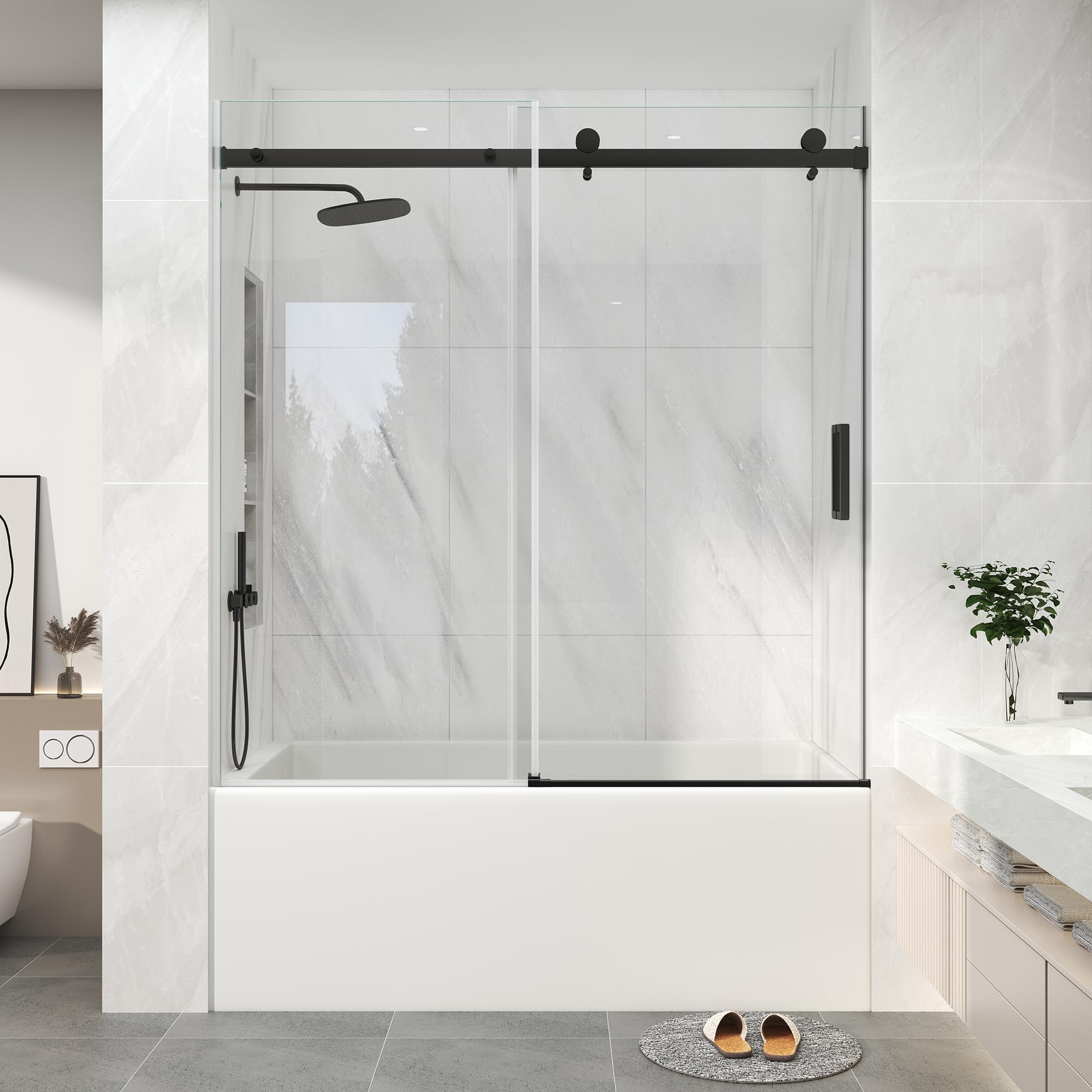 Photo 1 of KPUY Frameless Sliding Bathtub Door, 55-60" W x 60" H Tub Shower Door, 1/4" (6mm) Thick Tempered Clear Glass with Explosion-Proof Film Nano Coating, Matte Black