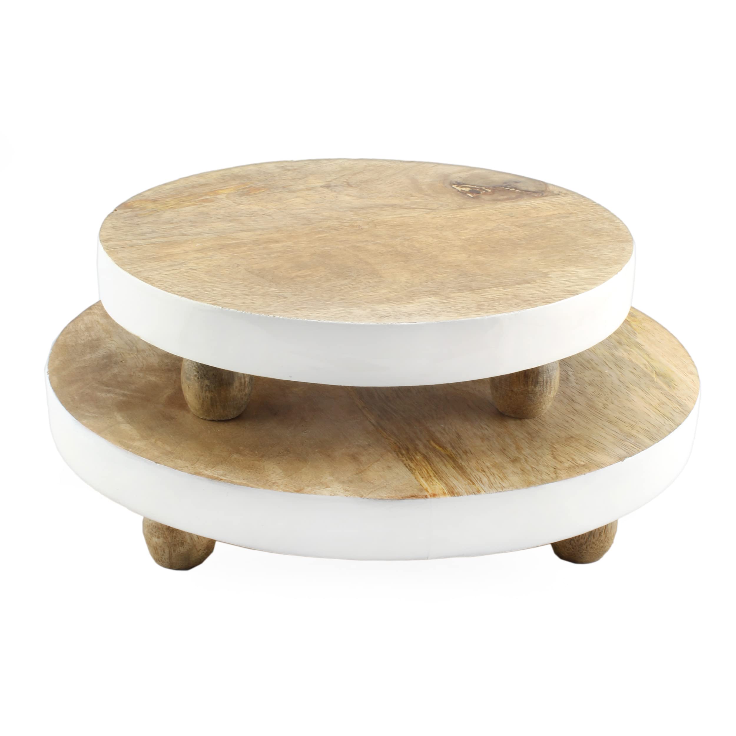 Photo 1 of AuldHome Design Farmhouse Round Wooden Risers (Set of 2, White Trim), Rustic Decorative Risers for Display w/ Natural Mango Wood and Enamel Trim