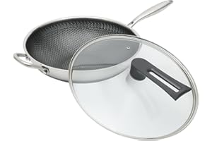 Stainless Steel Wok Pan with Lid 13.4 Inch Flat Bottom Woks and Stir Fry Pans Stir-Frying Wok, Induction Cooking Pan w/Handle