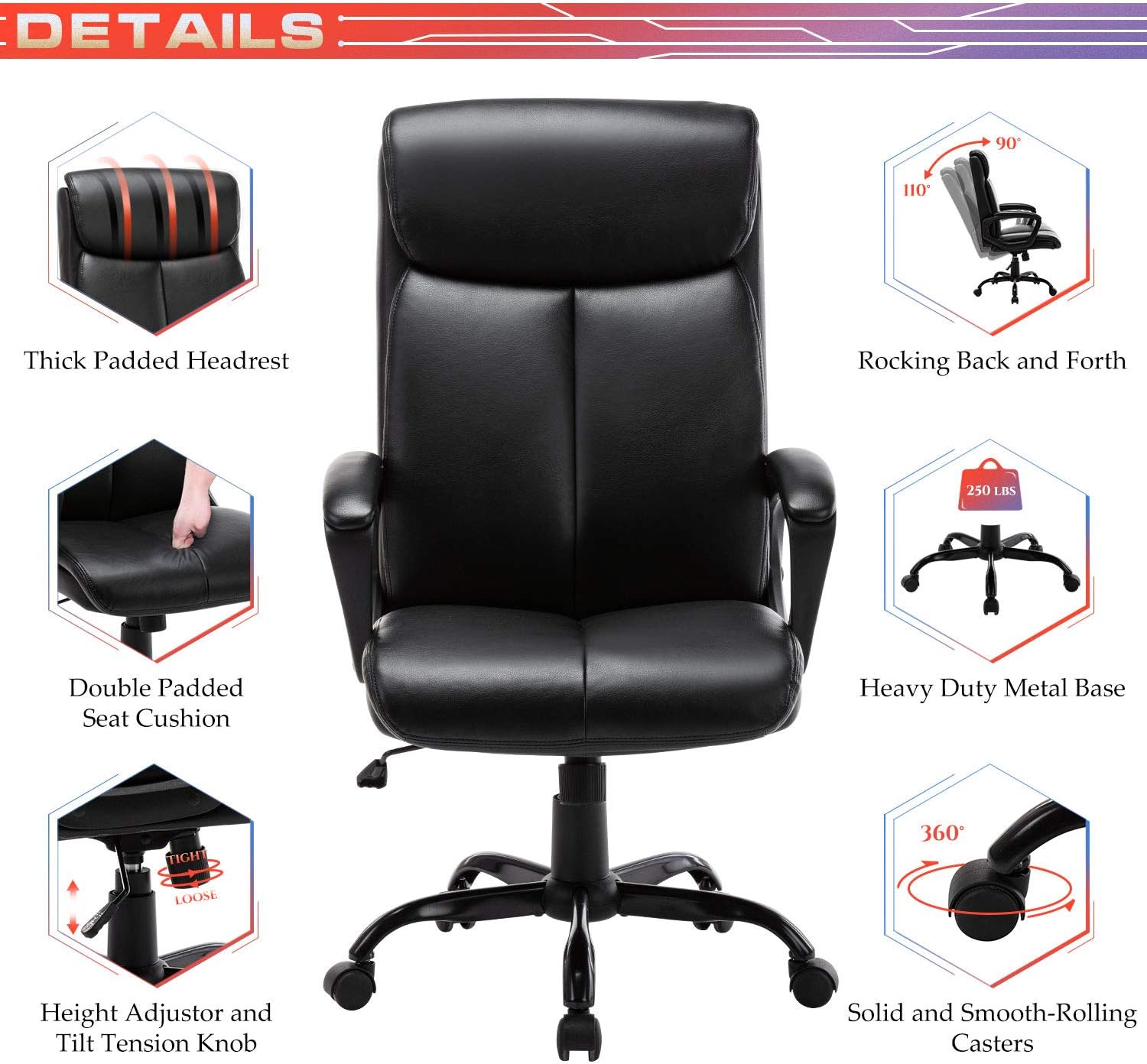 High Back Office Chair - Executive Bonded Leather Computer Desk Swivel Task Chair W/Rocking Function, Black: Kitchen & Dining