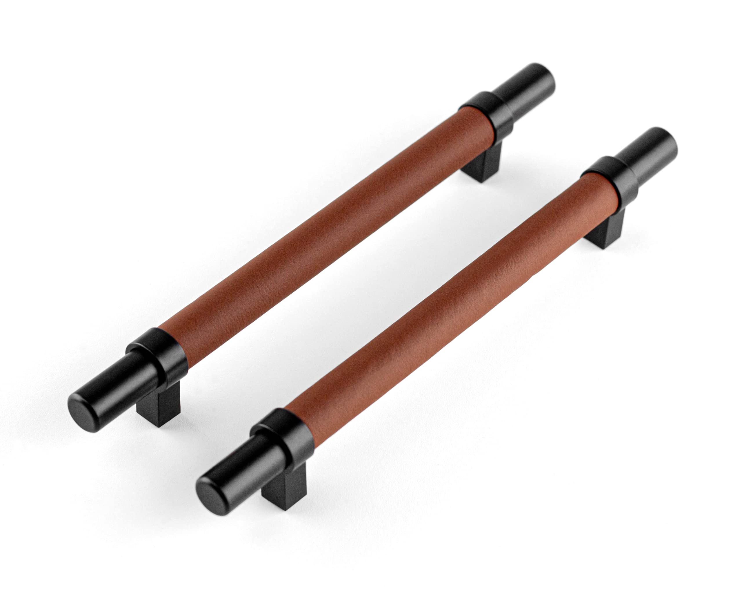 Brute Strength - Steel & Full Grain Leather Cabinet Handles - Black & Brown - Set of 4 - 200 mm & 160 mm - Kitchen & Bathroom Cabinets & Dresser Wood