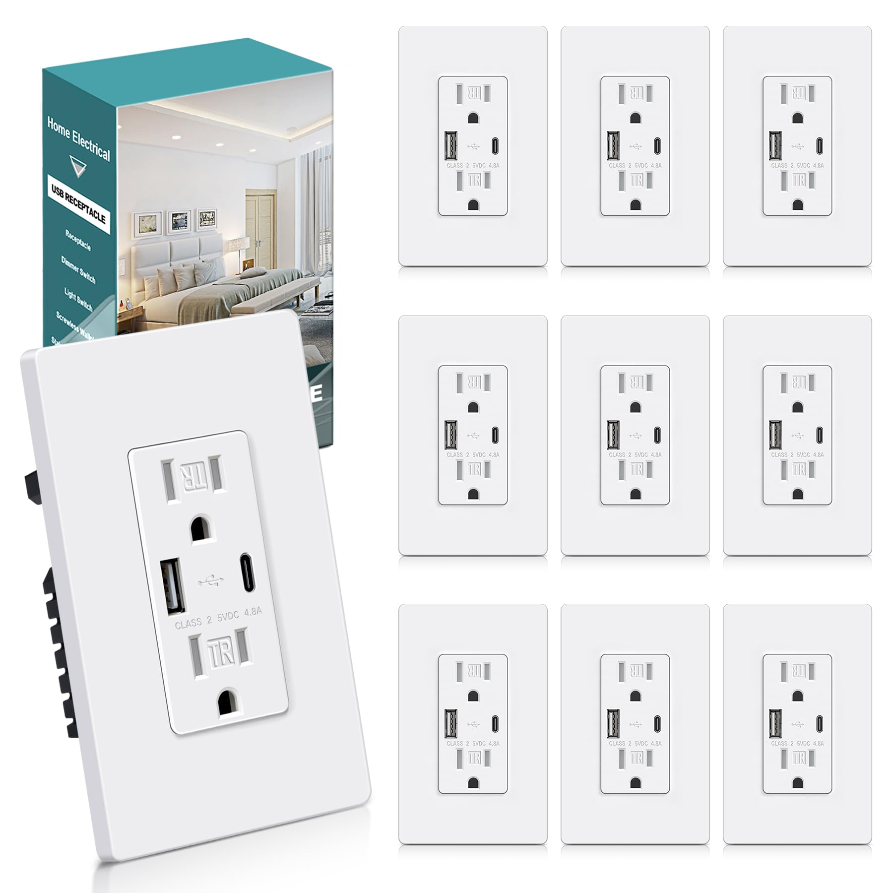 Photo 1 of BESTTEN 10 Pack USB Outlet, 15 Amp Wall Outlet with USB Ports, 4.8A/24W USB Receptacle with Type C & Type A Ports, Tamper-Resistant, Screwless Wallplate Included, UL Listed, White