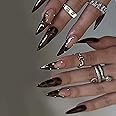 MISUD Fall Press on Nails Long Stiletto Fake Nails Glossy Glue on Nails Brown Cheetah Acrylic Nails Almond Artificial Nails French Tip Stick on False Nails with Design 24pcs