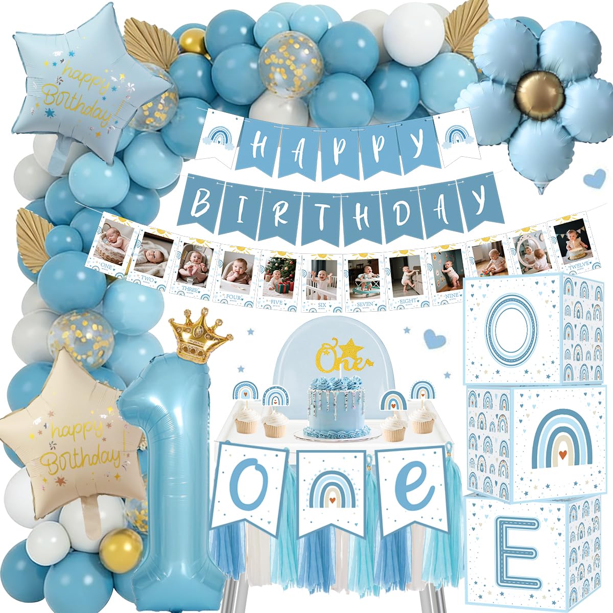 TOLOYE 1st Birthday Decorations for Boys Girls, Boho Blue First Birthday Decorations with Balloon Box, Rainbow Photo Banner, Baby Boy Party Decorations for Cake Smash, Baby Shower, Gender Reveal