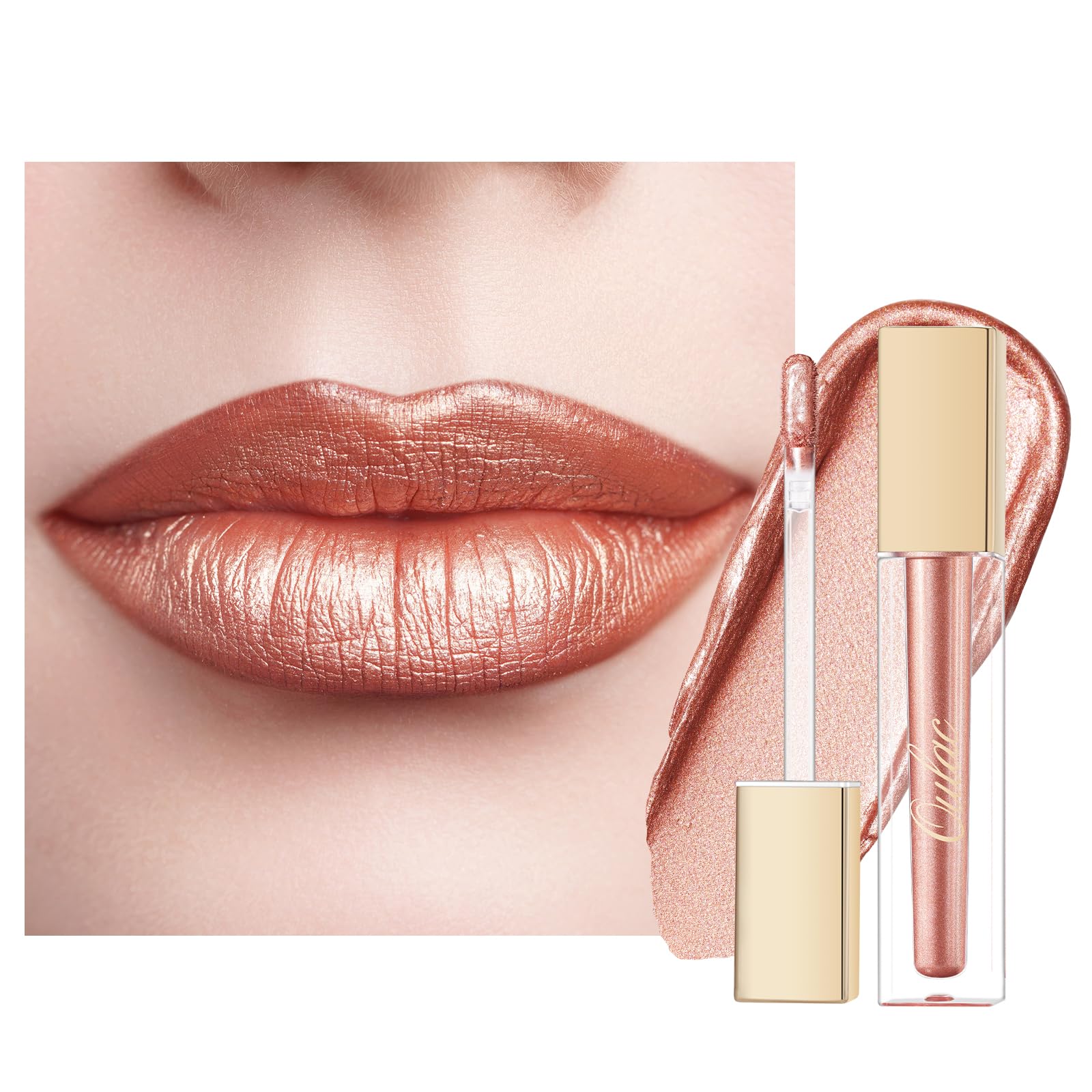 Oulac Peach Diamond Lip Gloss - Metallic Nude Liquid Lip Stain, Long Lasting Lipstick for Women, also for Eyeshadow, Glitter Finish, Waterproof, No Transfer, Full Coverage, Vegan, 4.5ml, MD06