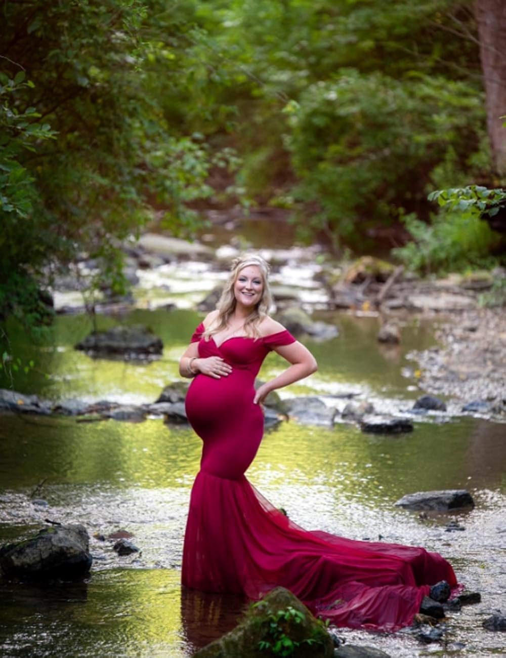 JustVH Maternity Off Shoulder Chiffon Gown Maxi Photography Dress for Photo Shoot Photo Props Dress Burgundy at  Women’s Clothing store