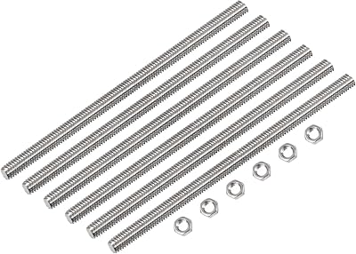 sourcing map M6x200mm Threaded Rod w/ 6 Hex Nuts 304 Stainless Steel 1mm Pitch