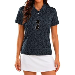 Little Beauty Women's Golf Polo Shirts Short Sleeve with Sunglass Loop Quick Dry 3 Button Tennis Athletic Collared Tops