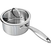 Stainless Steel Small Brushed Saucepan With Lid, Induction Cooking Sauce Pot Pans, 18/10 Tri-Ply Heavy Bottom Saucier Cookware, Dishwasher Safe & Oven Safe (1.5QT)