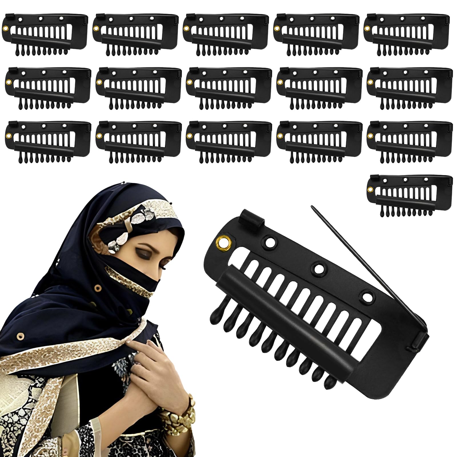 16pcs Chunni Clips with Safety Pins, Black U-shape Metal Hair Extension Clips for Hijab, Dupatta & Shirts