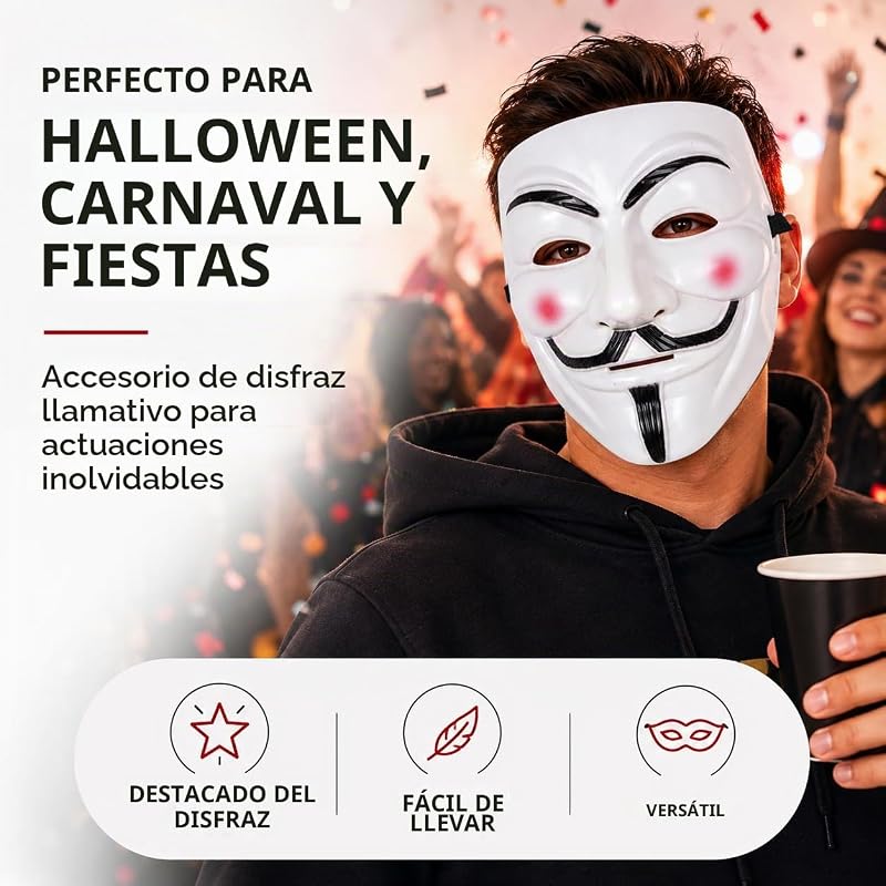 Máscara de Vendetta como Acessório de Fantasia para Homens, Mulheres, Crianças e Adultos para o Carnaval e Anónimos — foto 2 de 8