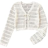 OYOANGLE Girl's Tie Front Crochet Cardigan Long Sleeve Hollow Out V Neck Boho Sweater Tops