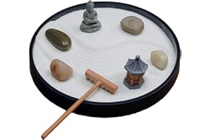 Nature's Mark Mini Zen Garden Kit for Desk with Rake, White Sand, Black Round Base, Miniature Pagoda Figure, River Rocks and Miniature Buddha Figure (6Lx6W Round B)