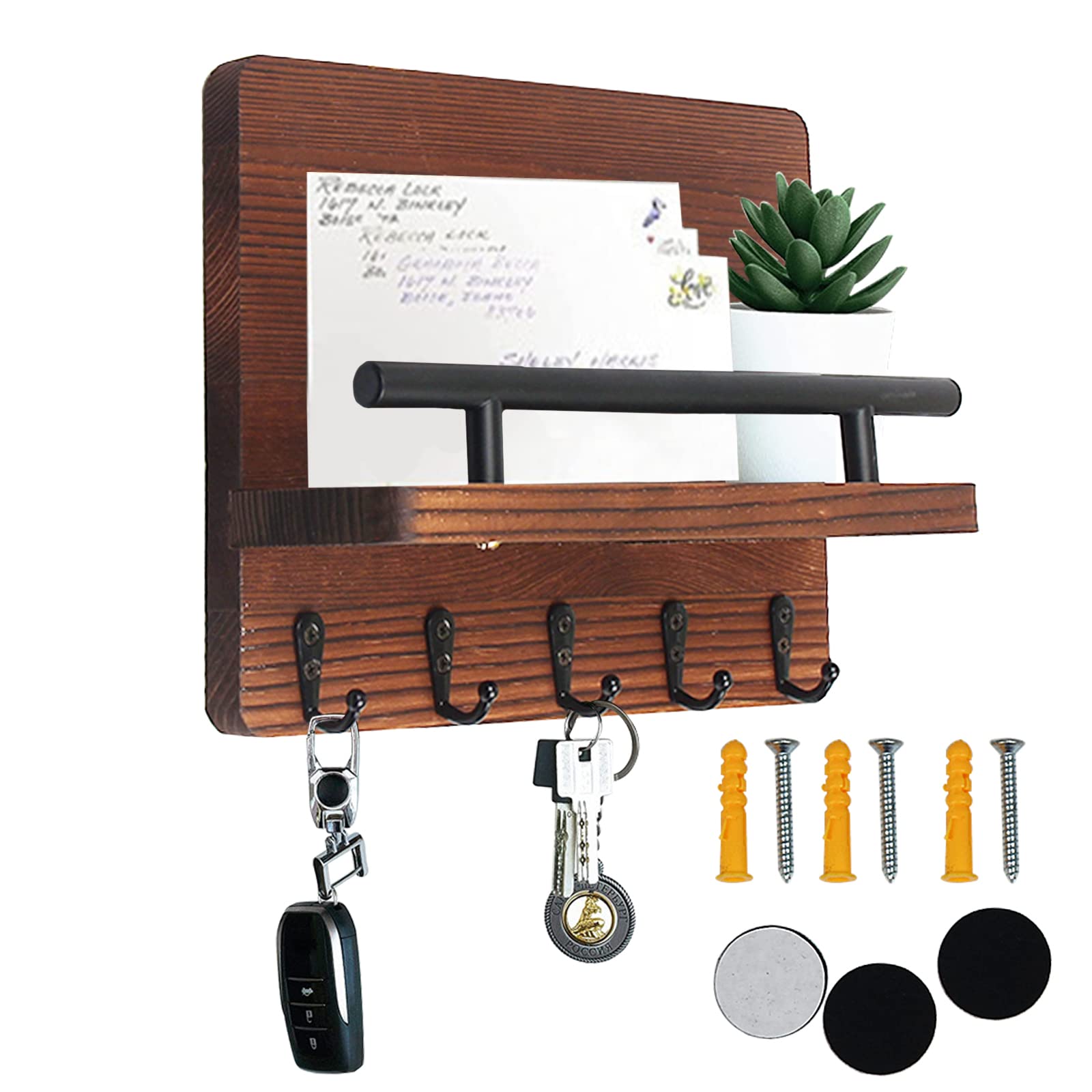 Kitchnexus Key Holder for Wall Decorative with 5 Hooks Wall Mounted Rustic Key Hanger Wooden Rack Mail Organizer with Shelf for Entryway Hallway Mudroom Office