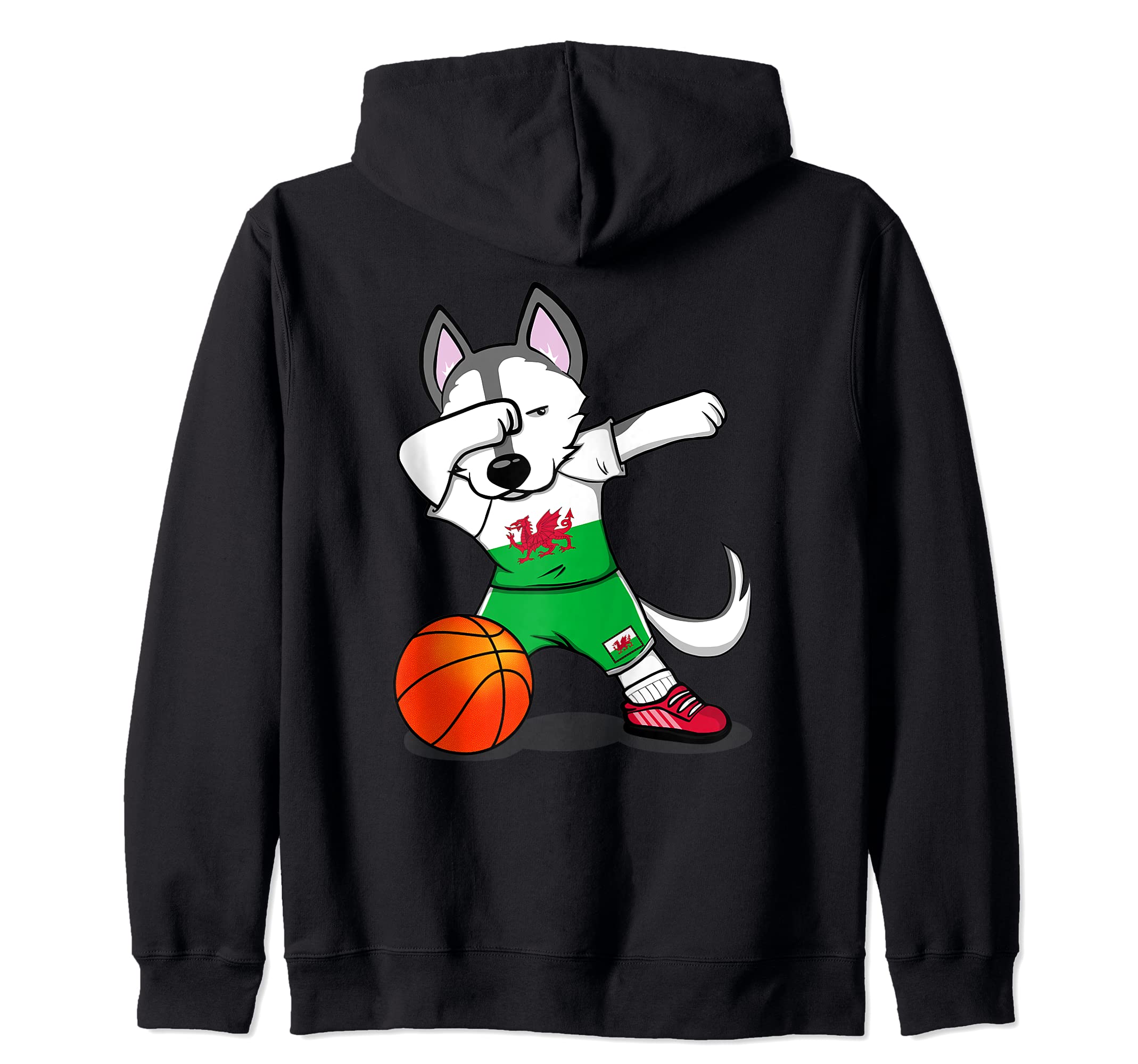 Dabbing Husky Dog Wales Basketball Fans Jersey - Welsh Flag Zip Hoodie