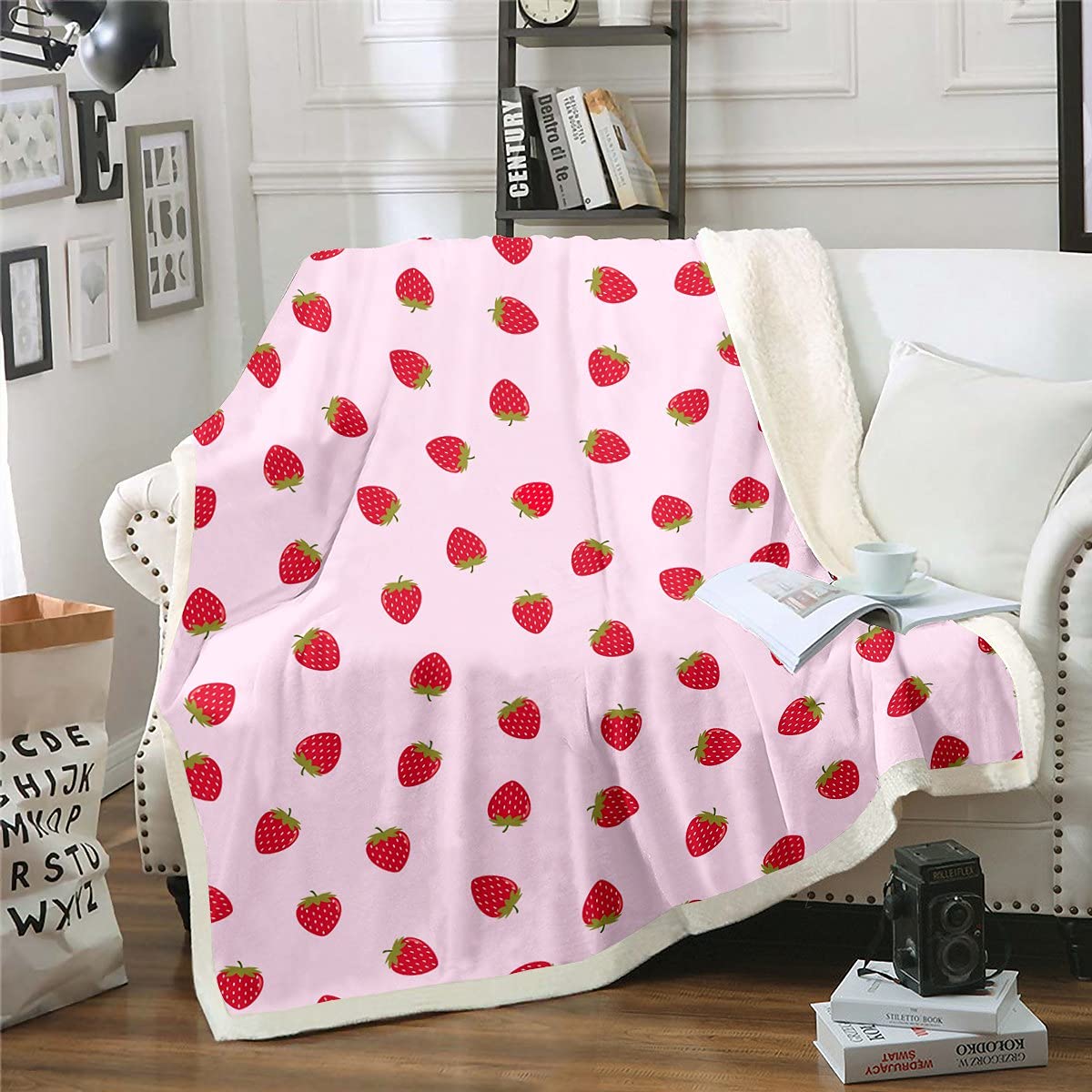 Loussiesd Strawberry Sherpa Blanket Pink Cute Fruit Print Fleece Throw Blanket Kids Strawberries Stripes Fuzzy Blanket Microfiber Plush Blanket Room Decor Single 50x60 Inch