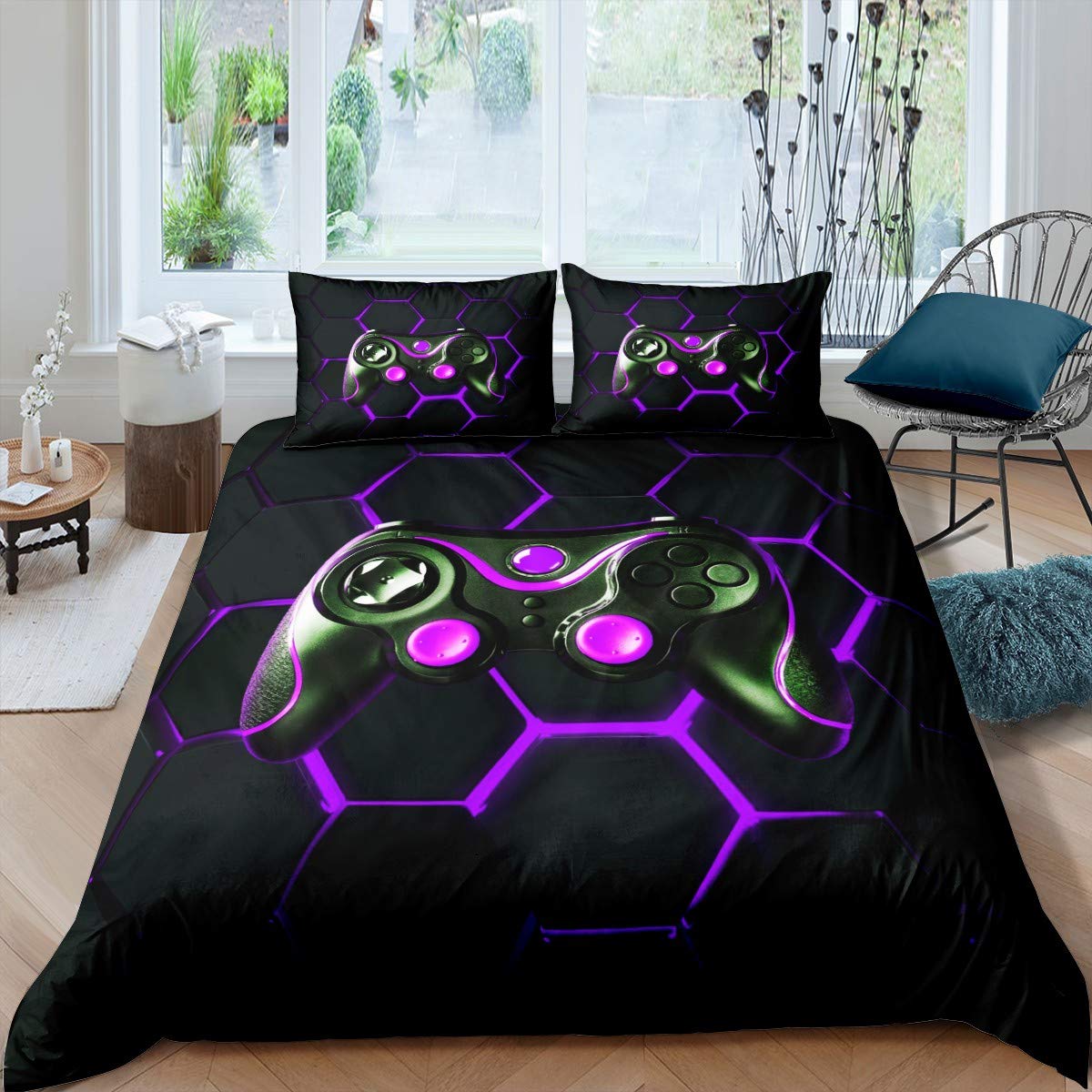 Boys Game Comforter Cover Set Teens Kids Anime Gamer Gaming Duvet Cover Set Geometric Honeycomb Hexagon Bedding Set Video Game Controller Bedclothes 3Pcs Double Size,Black,Purple — image 1