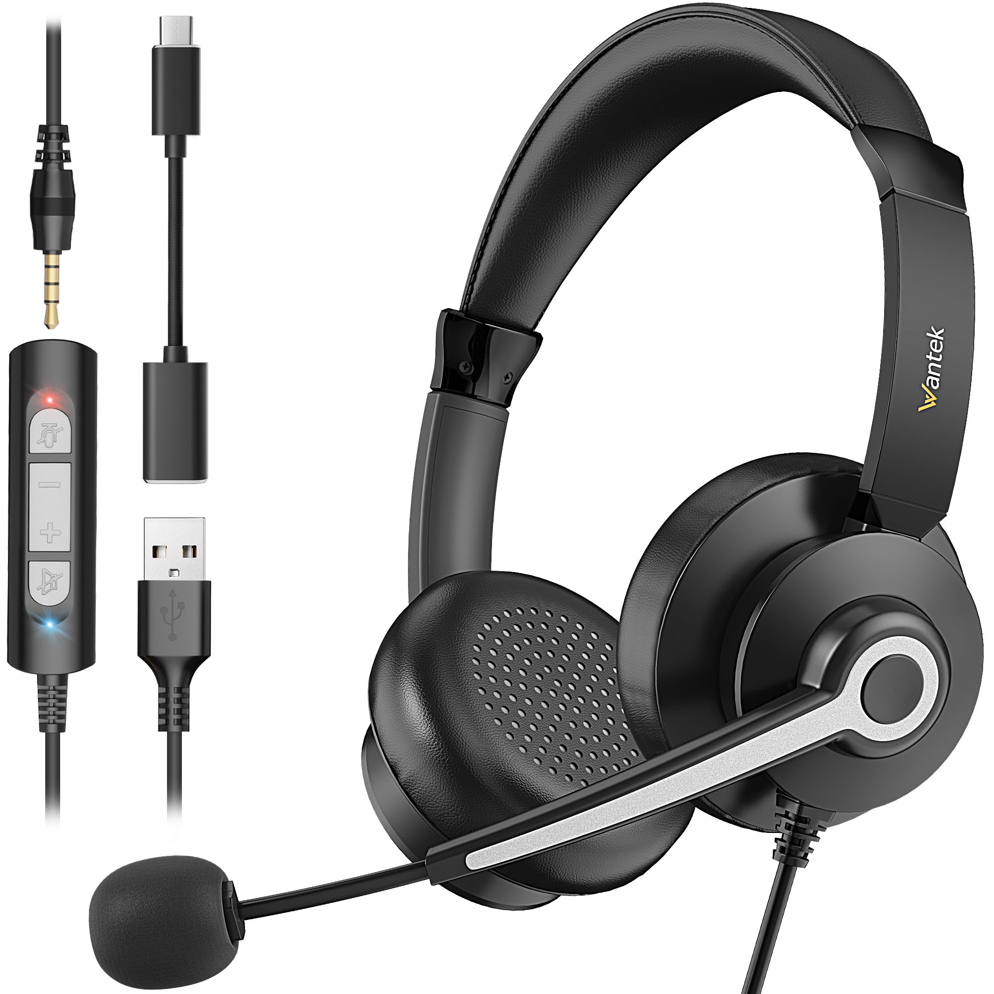 Wantek USB Headset with Microphone USB/3.5mm/C Headphone with Mic [3 in 1 ] Noise Cancelling Headphones Laptop Office On Ear Headset for Calling, Computer, Teams Office Work, Conference Headsets — image 1