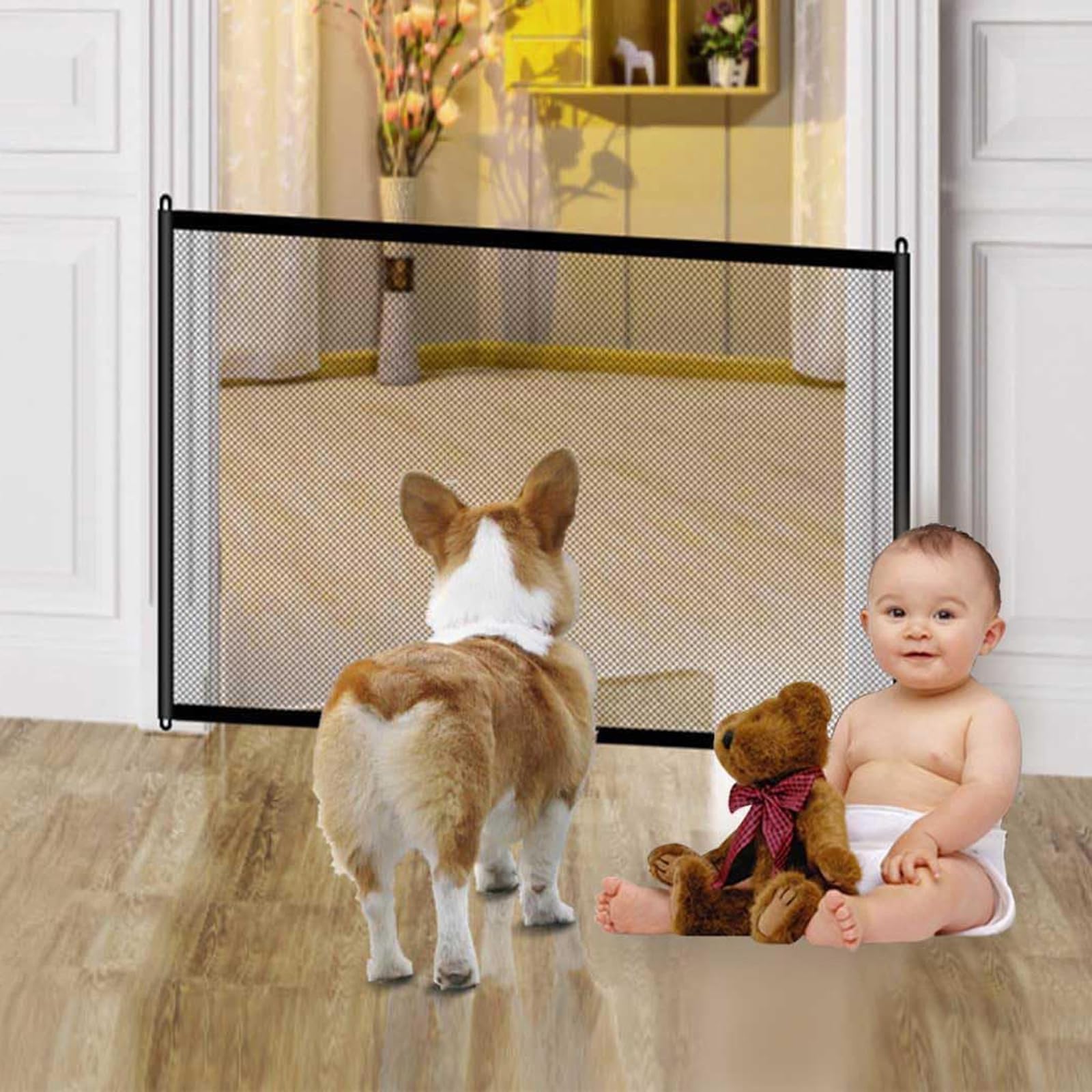Stair Gates for Dogs, 110x72cm Portable Mesh Stair Gate Indoor Extendable No Drilling, Safety Baby Gate for Dogs, Stairs Gate for Baby Providing Safe Enclosure for Pets and Baby