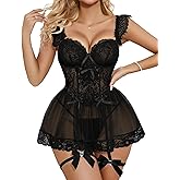 Mixxmix Lingerie for Women Naughty Floral Lace Corset Bodysuit Underwire Lingerie Sets with Bow Garter Belt Rave Outfits