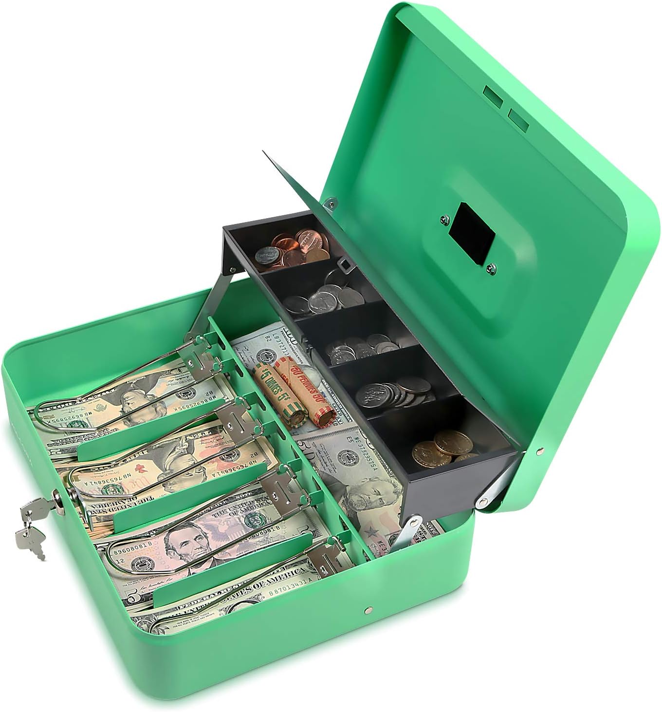 Cash Box with Key Lock - Steel Tiered Money Coin Tray with Lid Cover and Bill Slots | Portable Compact Safe | 4 Keys | Green Metal Lockable Storage Box for Change, Petty Cash, Fundraiser, Garage Sale