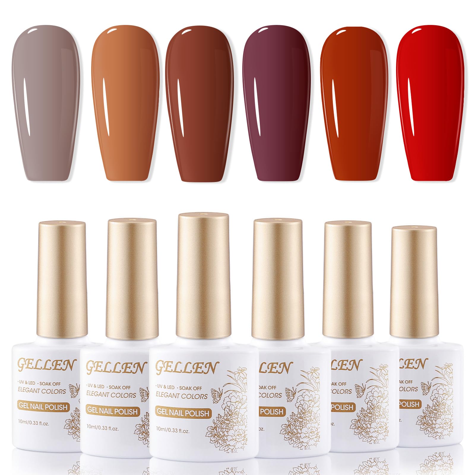 Gellen Gel Nail Polish Set, 0.33 Fl.Oz 6 Colors Fall Winter Red Brown Gel Polish Kit No Wipe Soak Off Glossy UV Gel for Nail Manicure DIY Art Salon Home
