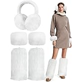 Silicherry 3 Pcs Women's Faux Fur Wrist Cuffs Leg Warmers Headband Ear Muff White Fluffy Furry Boot Covers Arm Ear Warmer Accessories for Women Winter Faux Fur Set