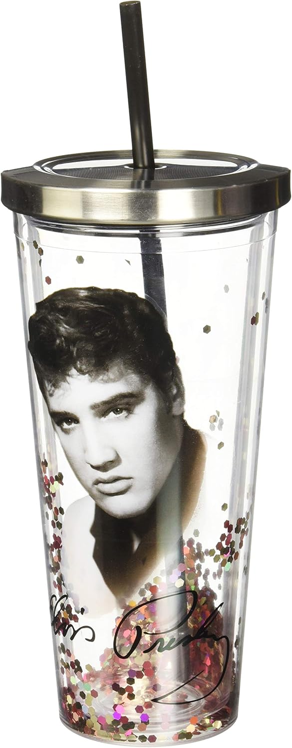 Spoontiques Elvis Presley Glitter Cup With Straw, 20 ounces, Multicolor