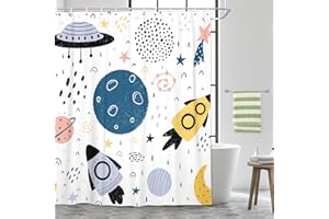 Drgilau Space Shower Curtain for Kids, Cartoon Planet Shower Curtains Cute Galaxy Bath Curtains for Children, Waterproof Galaxy Universe Kids Bathroom Sets Decor with 12 Hooks 72X72 Inch