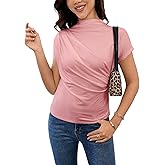 SweatyRocks Women's Casual Short Sleeve Mock Neck Tee Top Asymmetric Ruched Plain T Shirt
