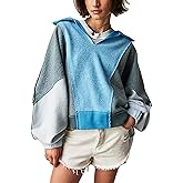 Yuemengxuan Women Fleece Sweatshirts Long Sleeve Colorblock Cropped Oversized Sweatshirt Y2k V-Neck Pullover Tops