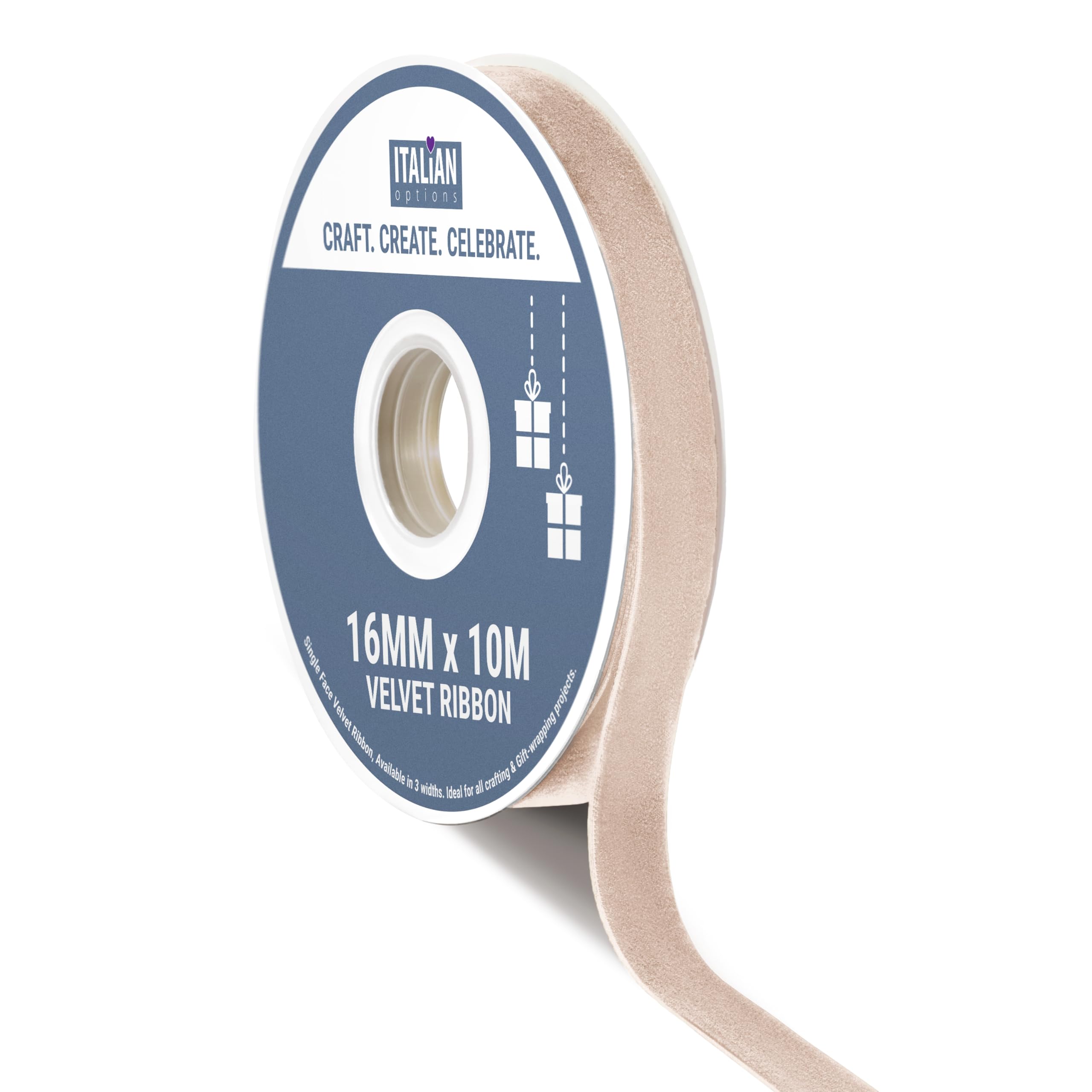 Italian Options Velvet Ribbon, Luxury, Single-Face Velvet Ribbon for Crafting, Christmas, Bows, Hair, Cakes, Weddings, Ornaments, Gift Wrapping, Flowers, 16mm x 10 Metre Roll, Taupe