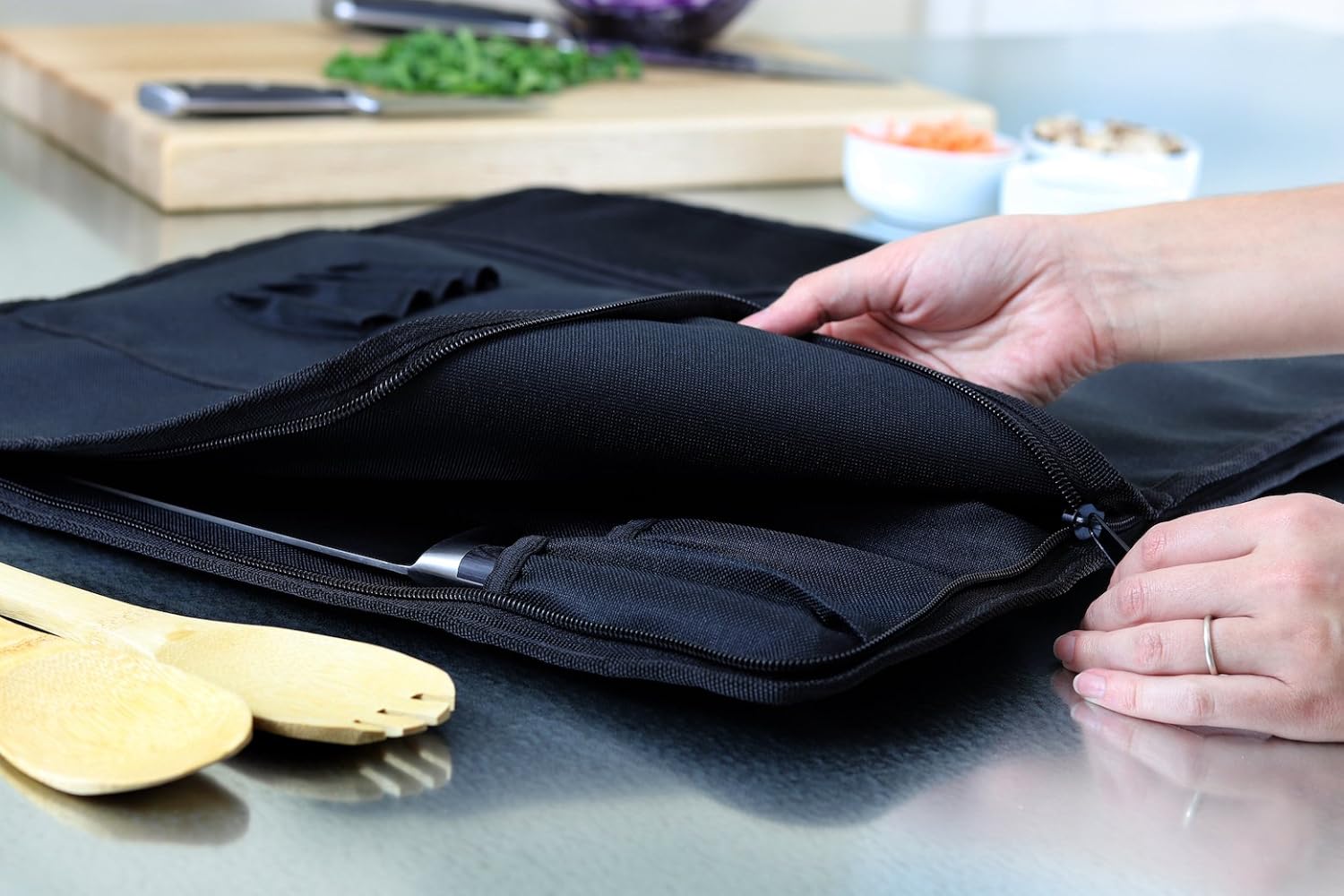 Chef Knife Bag (8+ Slots) is Padded and Holds 8 Knives PLUS Your Meat Cleaver, Knife Steel, 4 Utensils, and a Zipped Pouch for Tools! Durable Knife Carrier also Includes a Name Card Holder. (Bag Only): Kitchen & Dining