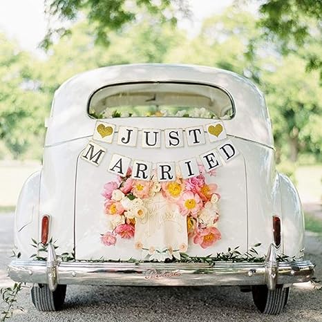 Guasslee Just Married Banner Car Decorations Gold Glitter Just